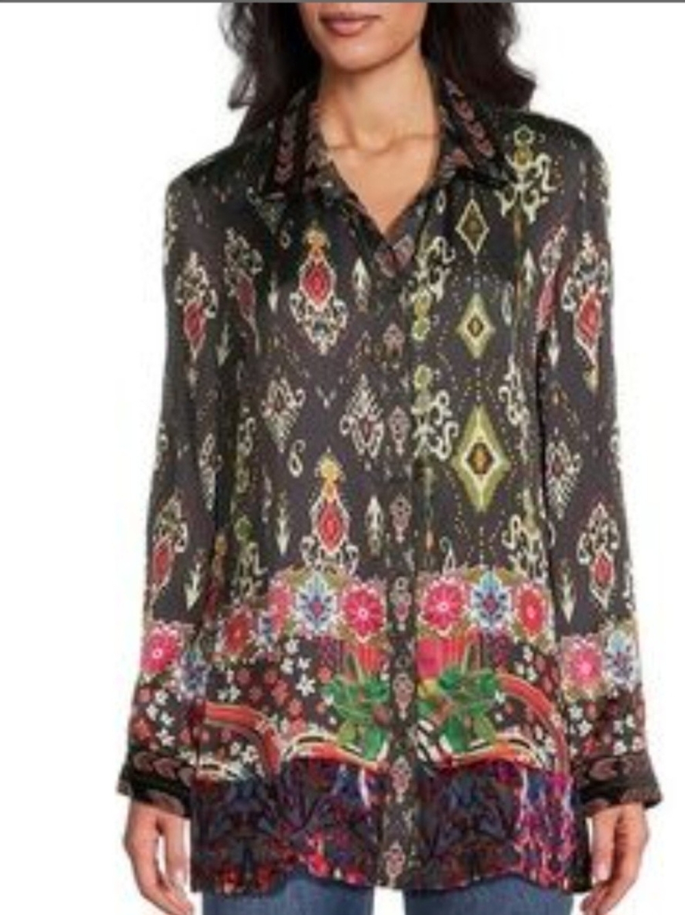 John-Mark Women's Mix Print Button Front with Burnout Velvet